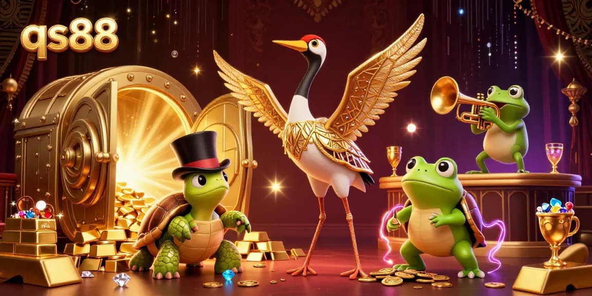 qs88 brings excitement to the casino with a vibrant scene featuring a flapper crane, turtle, and trumpet frog.
