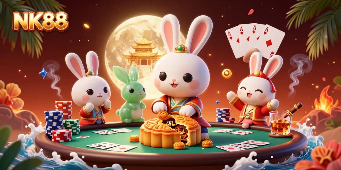 Experience the thrill of NK88 casino games with vibrant poker elements and a magical moonlit scene.