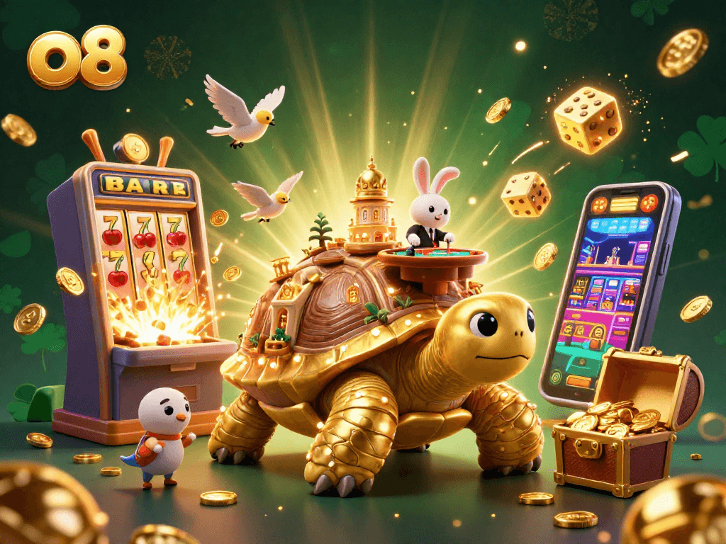 Spin the reels at o8, featuring a vibrant casino scene with a golden tortoise and jackpot elements.