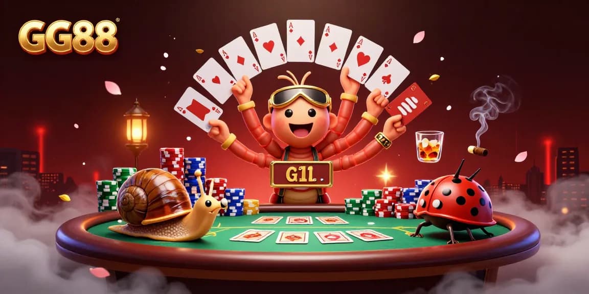 Experience a vibrant GG88 casino scene with a cartoon millipede dealer showcasing cards amidst exciting gameplay