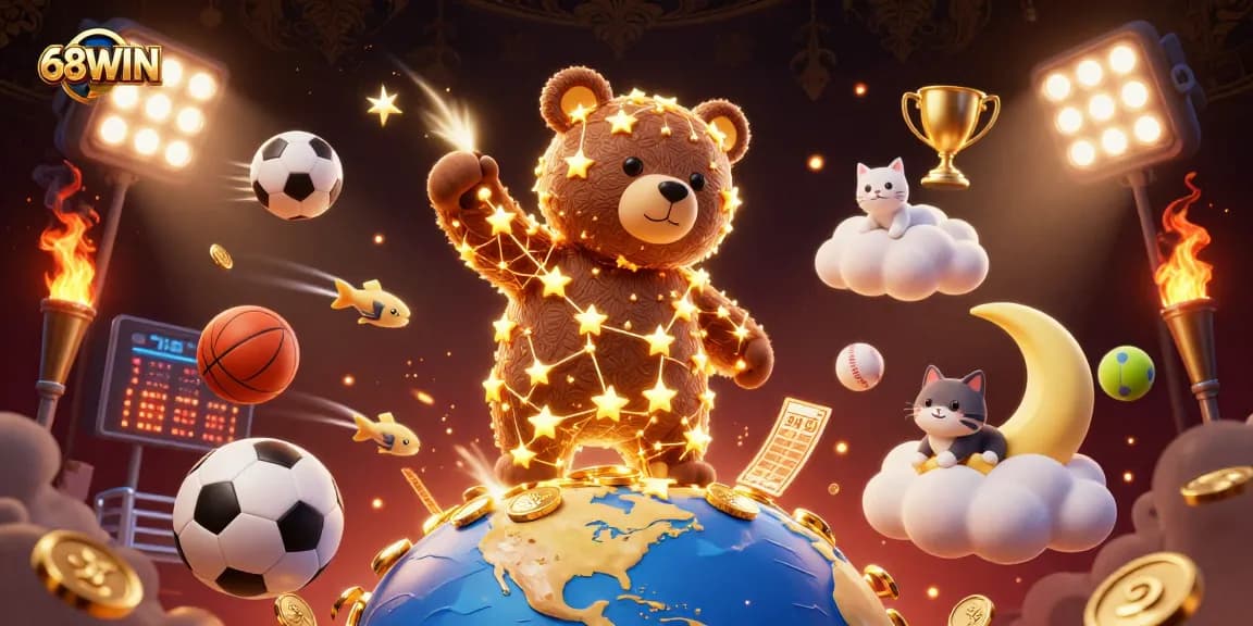 Experience the excitement of 68WIN with dynamic sports elements and golden coins cascading in a vibrant casino setting.