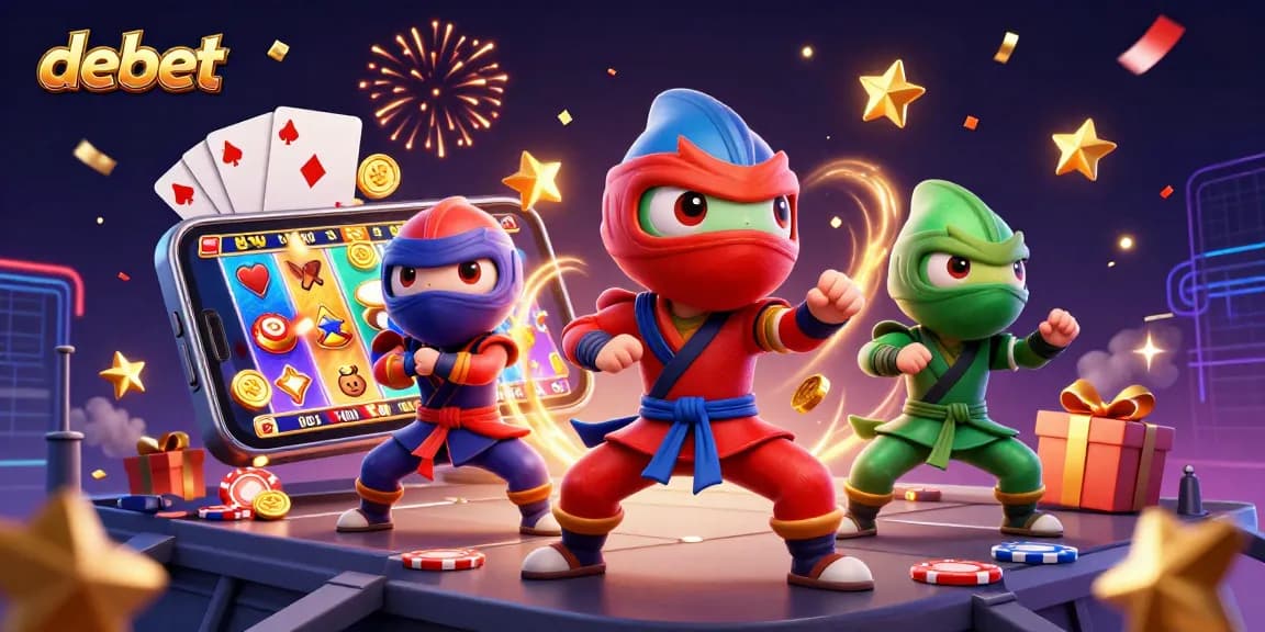 Experience debet gaming excitement with colorful chameleon ninjas amid slot games and festive energy.
