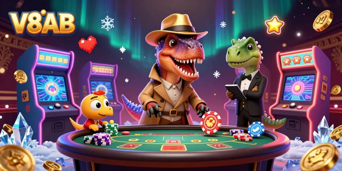 V8AB velociraptor card counter at a blackjack table surrounded by vibrant casino elements.