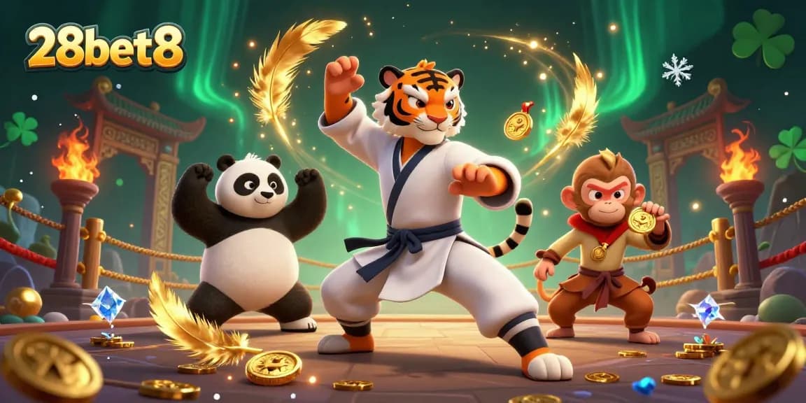 Experience thrilling adventures with 28bet8 as the kung fu tiger and friends celebrate wins in a vibrant casino.