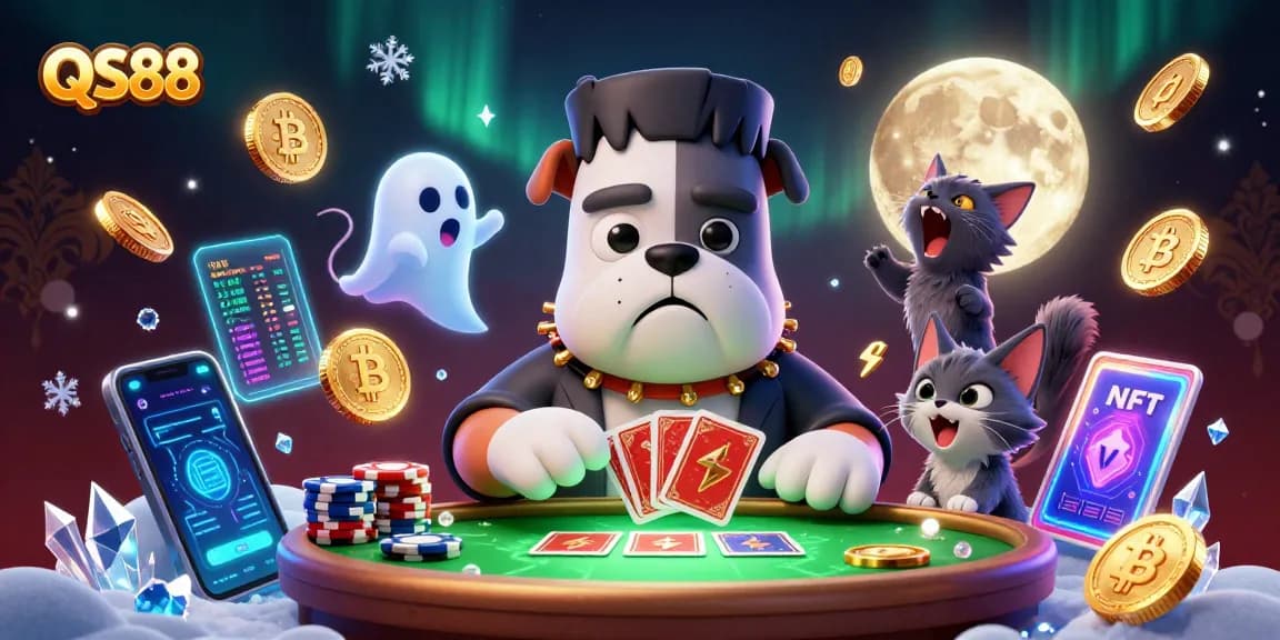 Experience QS88's fun gameplay with the quirky casino characters at a ghostly table.