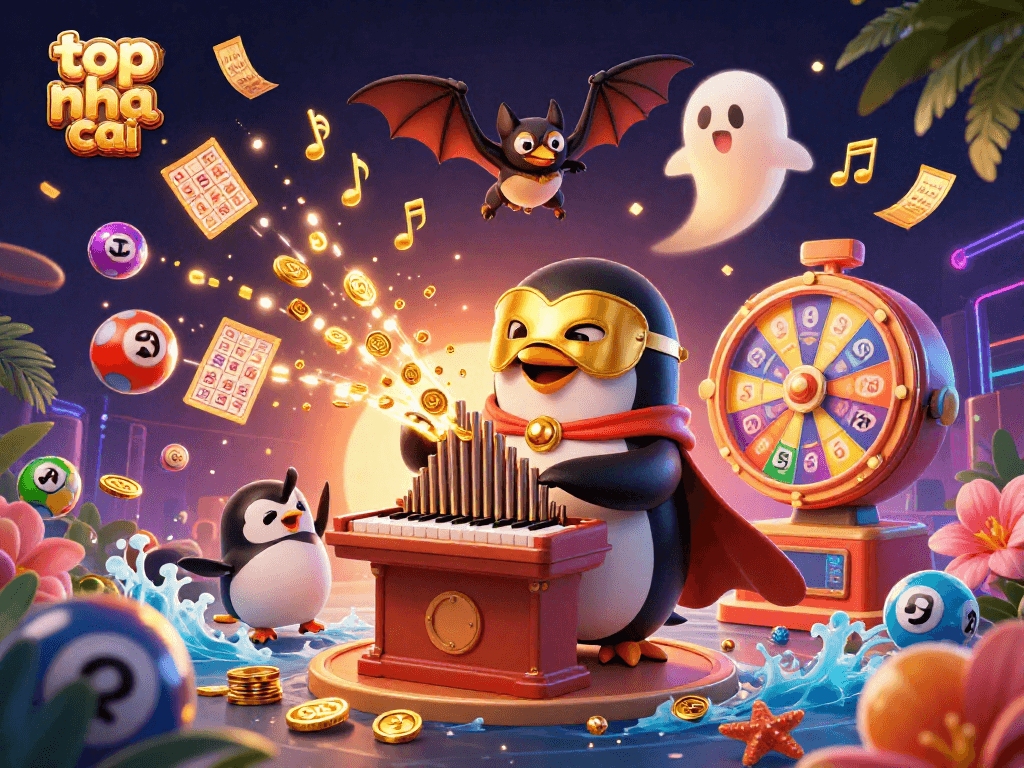 Engage with the dynamic world of top nha cai as golden coins rain from a mythical penguin playing the organ.
