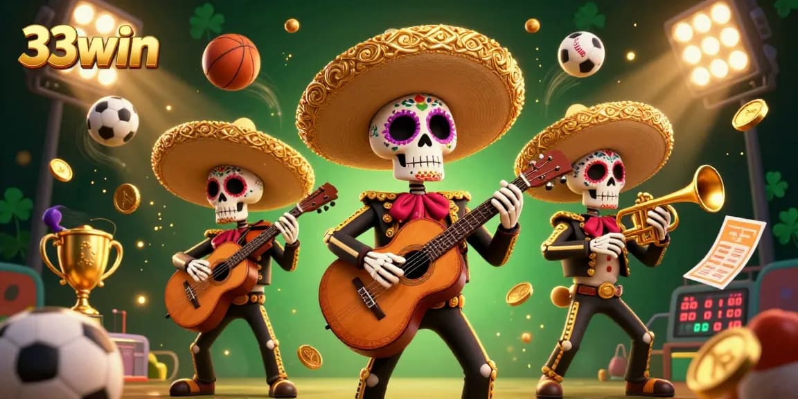 Experience exciting sports betting with 33win's dynamic skeleton mariachi scene featuring vibrant sports elements.