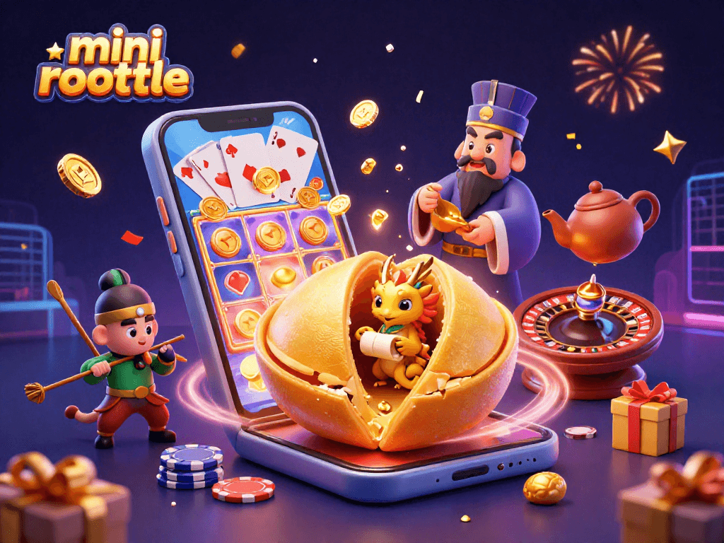 Experience the thrill of mini roulette with a vibrant casino scene featuring characters and game elements.