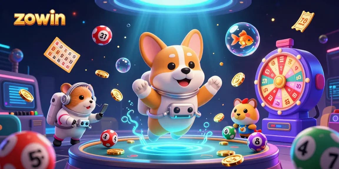 Zowin casino illustration showing a floating corgi with poker chips and a hamster giving instructions, enhancing player's excitement.