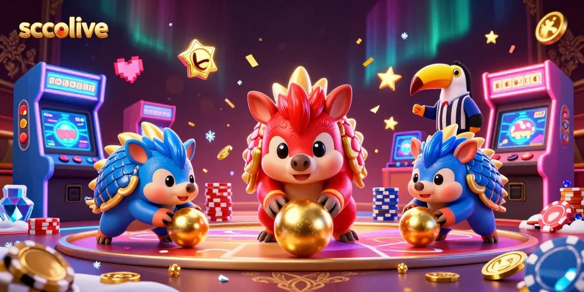 Socolive features exciting rival pangolins in a chaotic bowling scene surrounded by gaming machines and vibrant elements.
