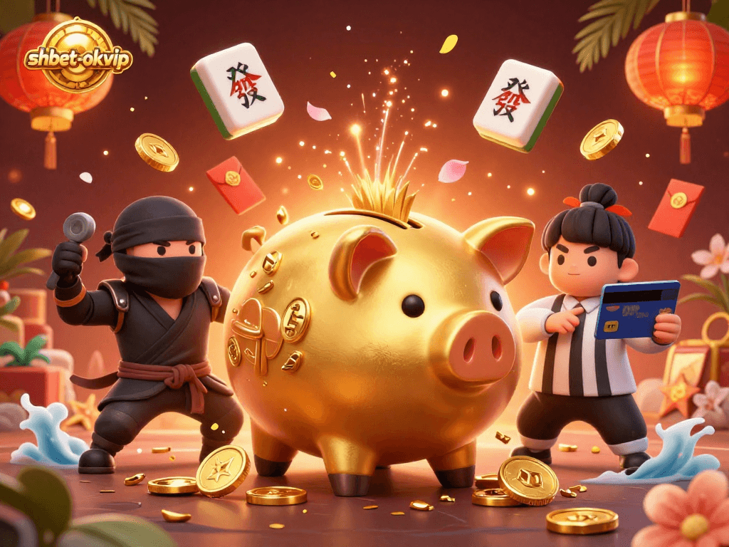 Experience thrilling action at shbet-okvip with a summoning golden piggy bank, ninja wallet, and samurai referee amid dynamic casino decorations.