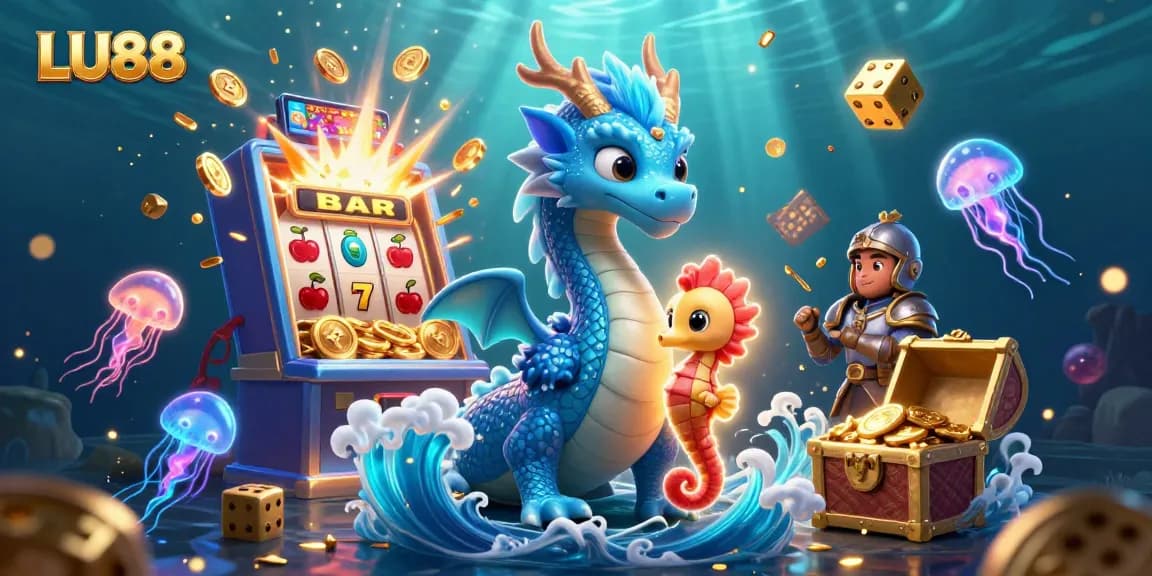 LU88 captivates players in a vibrant 3D casino scene filled with dynamic slot machines and glowing characters.