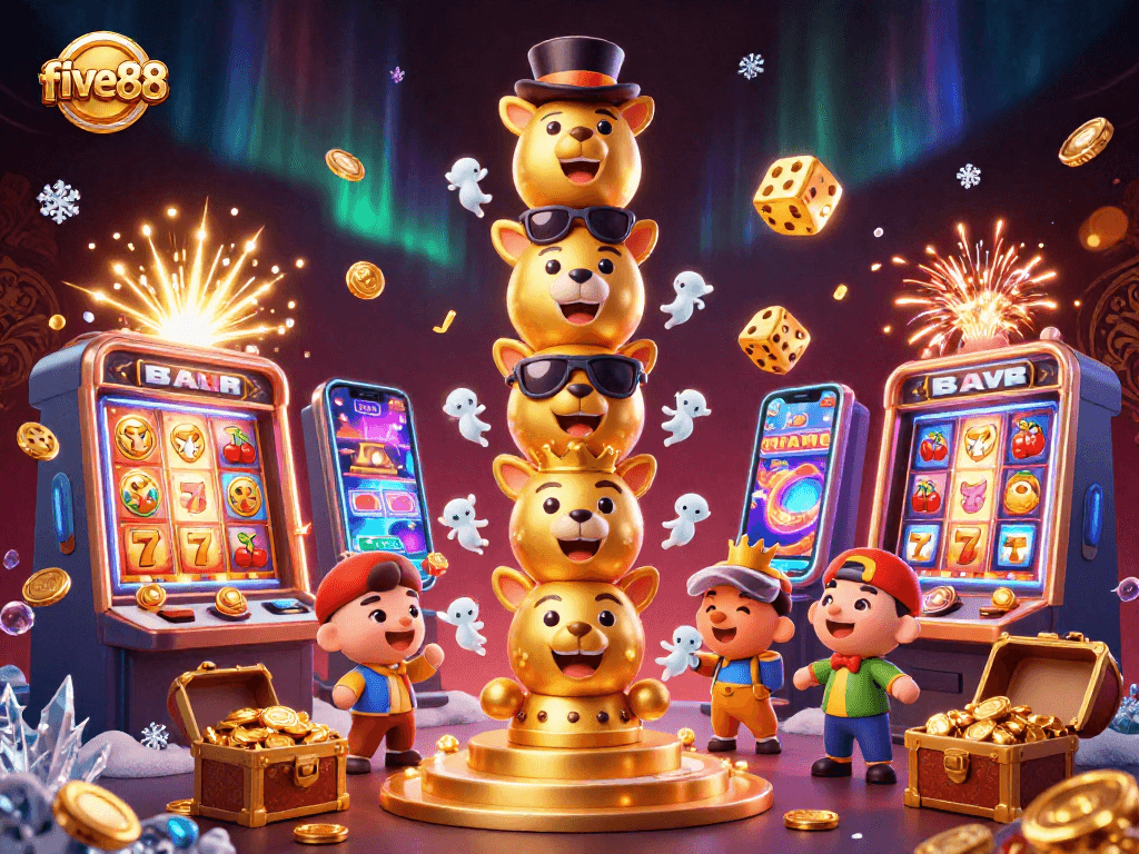 Experience the excitement at five88 with a vibrant casino scene featuring dynamic games and festive elements.