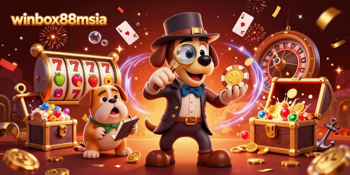 Winbox88msia showcases a lively scene with cartoon characters exploring casino treasures like slot reels and playing cards.