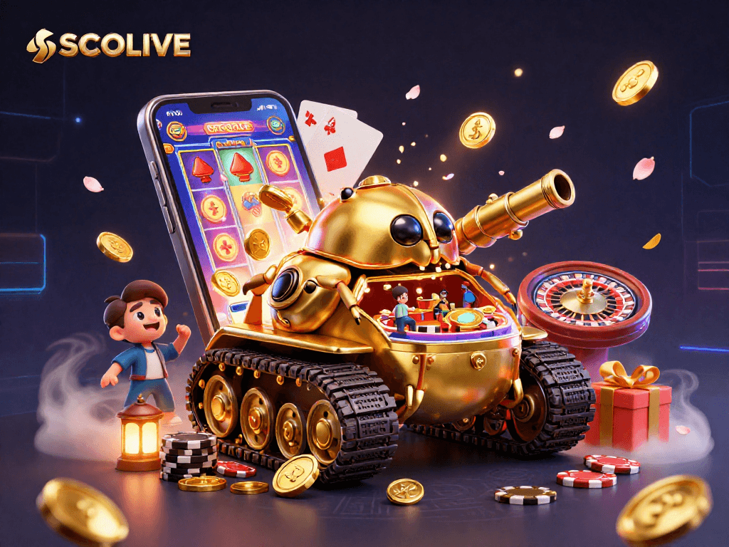 SOCOLIVE showcases a magnificent golden beetle tank with a casino, surrounded by casino elements.