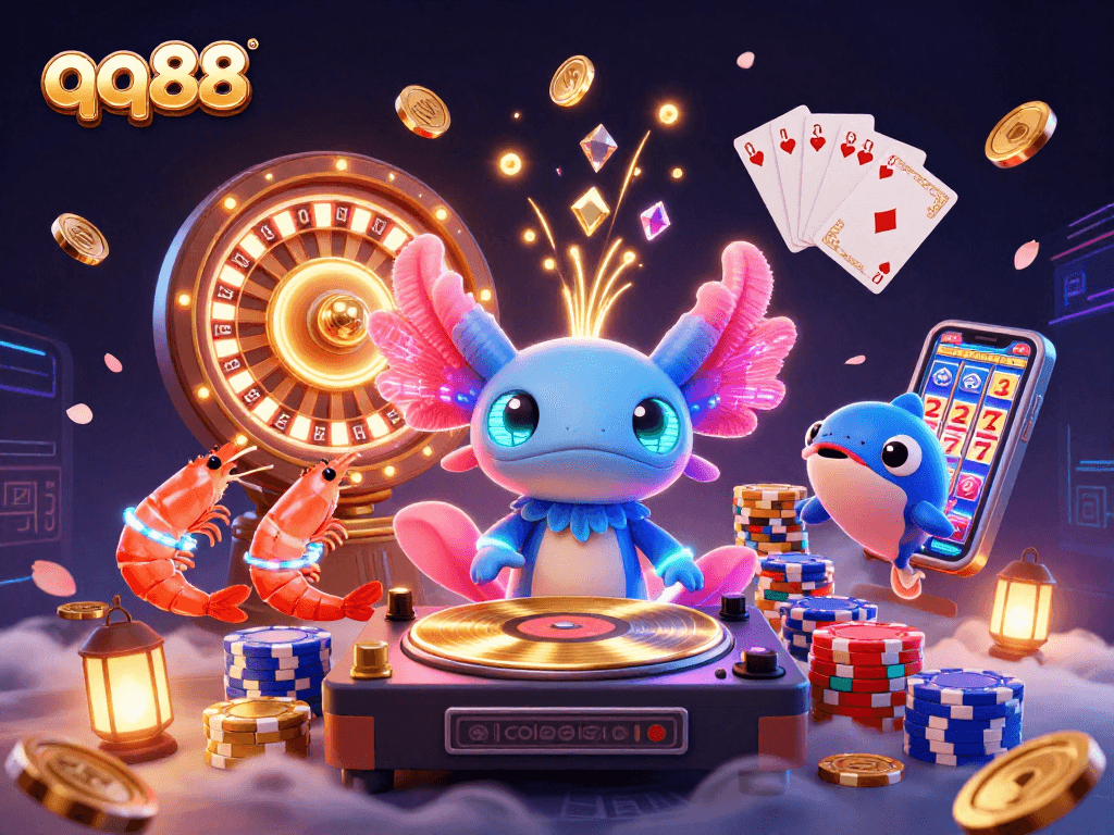 Experience the vibrant energy of qq88 with a neon casino scene featuring dynamic characters and thrilling game elements.