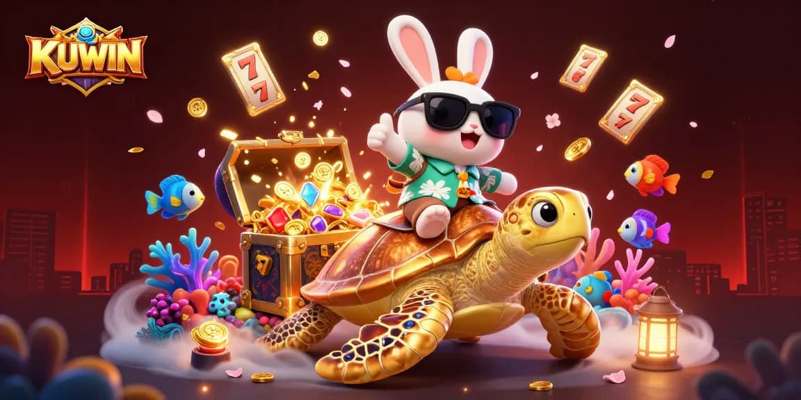 KUWIN brings luck with a rabbit and sea turtle in a dynamic casino-inspired underwater scene.