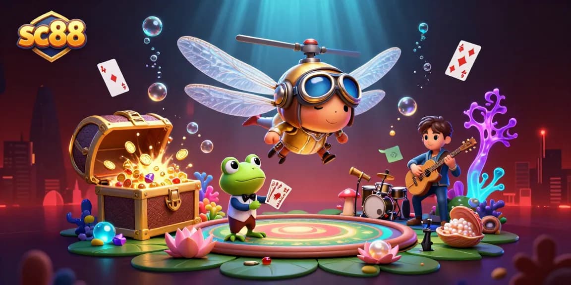 Experience thrilling gaming at sc88 with a vibrant underwater casino scene featuring a dragonfly pilot and frog dealer.