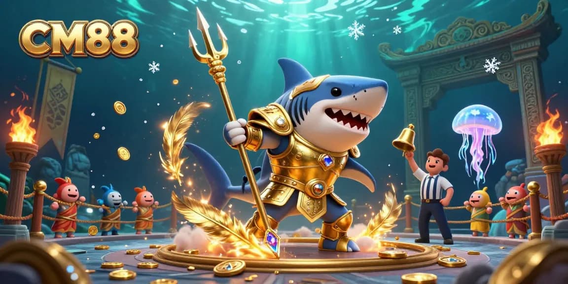 Engage with CM88's dynamic underwater casino scene featuring a tiger shark and joyous fish, symbolizing thrilling gaming.