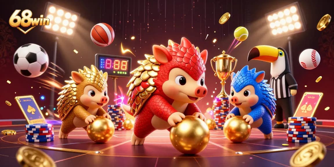 Experience the excitement of 68win with cartoon pangolins competing in a vibrant 3D casino scene.
