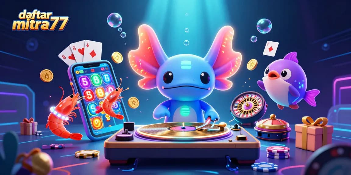 Daftar mitra77 dengan ilustrasi 3D menarik tentang slot game dan keseruan kasino.