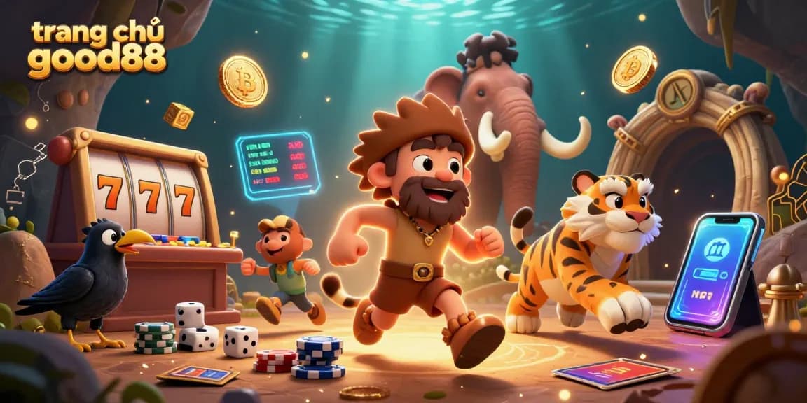 Engage with the vivid world of trang chủ good88, showcasing immersive casino elements like slot reels and crypto coins.