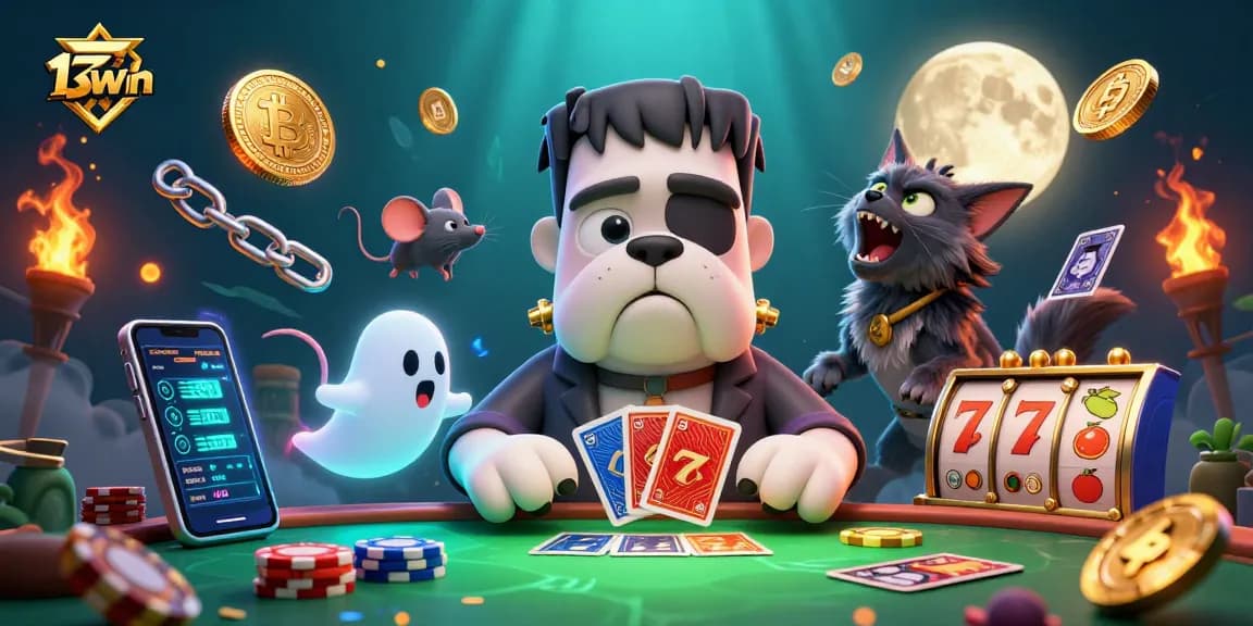 Win big at 13win with a vibrant 3D scene of a Frankenstein bulldog and gaming elements.