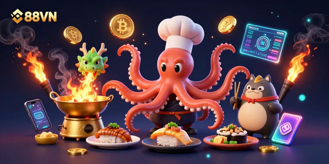 Experience thrilling gaming at 88VN with a vibrant illustration of a chef octopus preparing dishes alongside a dragon.