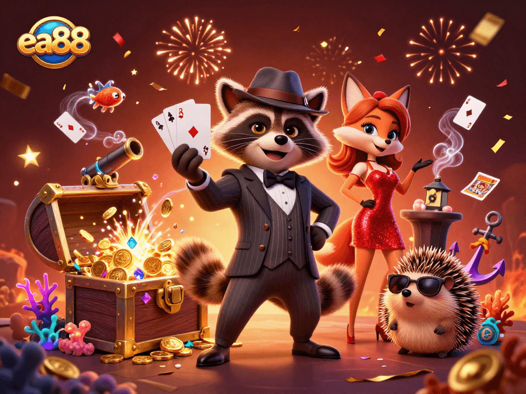 Experience exciting gameplay with ea88 as raccoon, fox, and hedgehog celebrate in a vibrant casino scene.