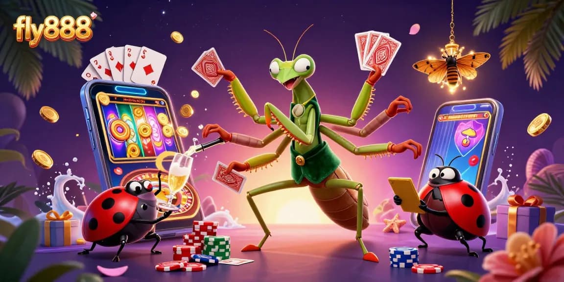 Fly888 showcases dynamic casino action with a cartoon giant mantis dealing cards, amidst rich gambling elements.
