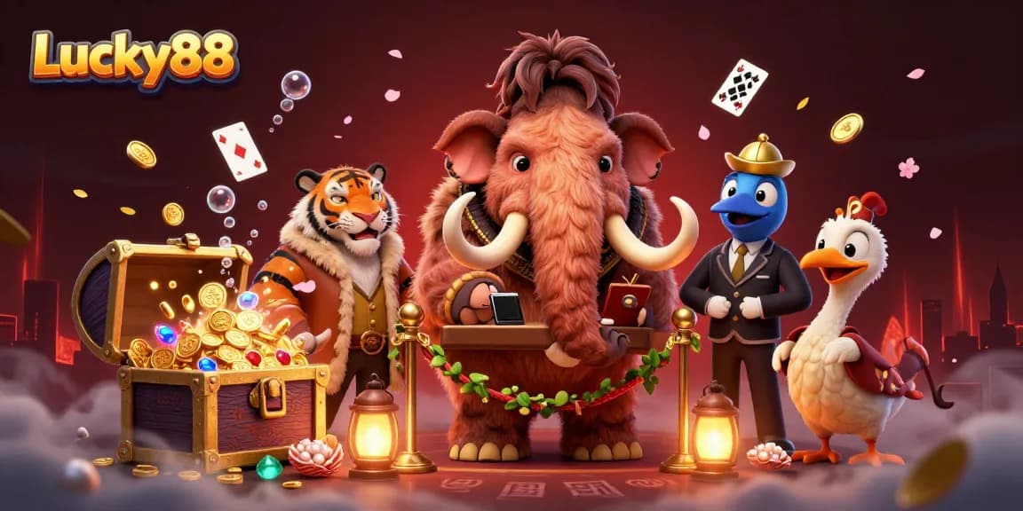 Experience Lucky88's thrilling atmosphere with unique characters welcoming you to a vibrant casino adventure.