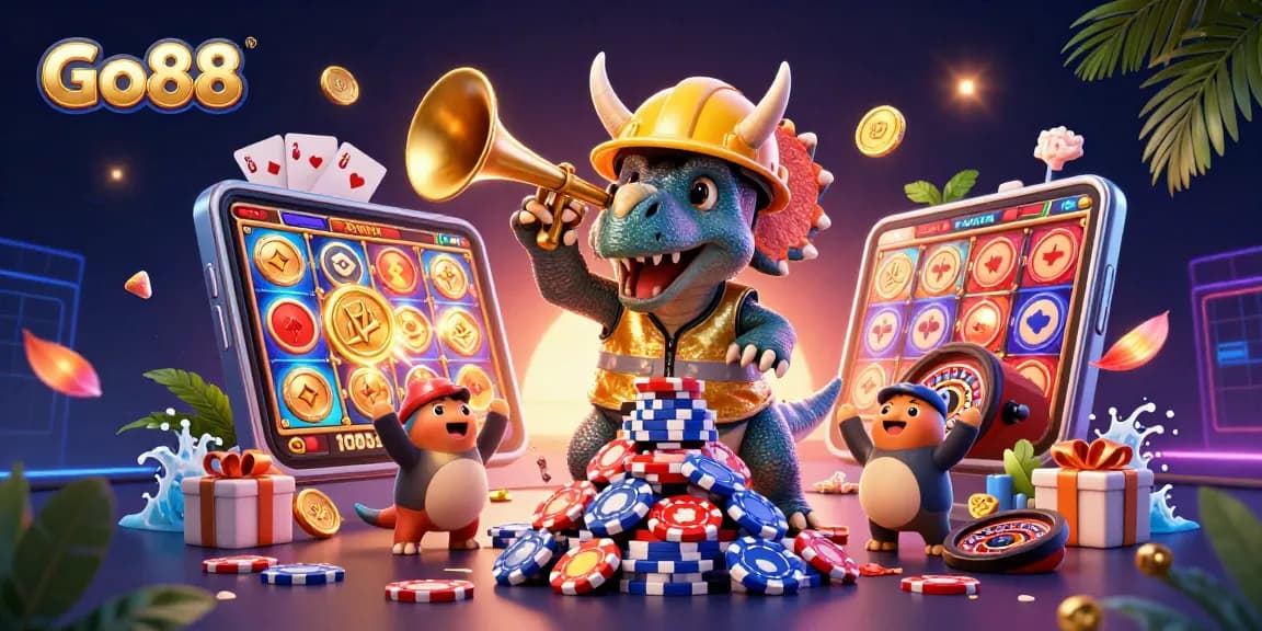 Go88 promotes excitement with 3D fun characters celebrating gaming, showcasing lively slot action.