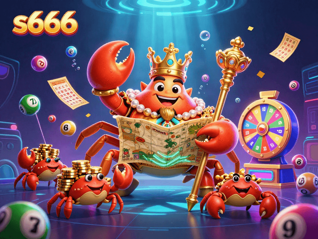 Engage with s666 for thrilling lottery action featuring a golden crab emperor and vibrant game elements.