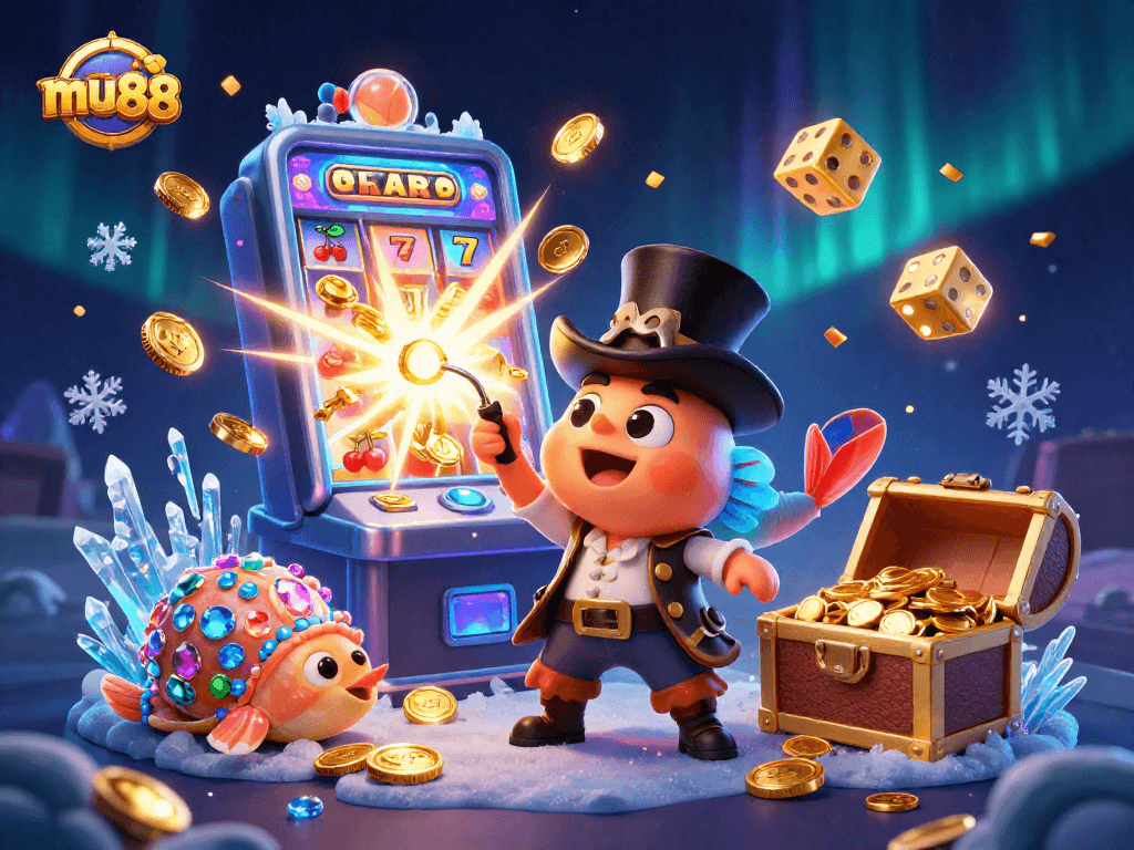 Experience the exciting world of mu88 with a vibrant digital casino scene full of dynamic elements.