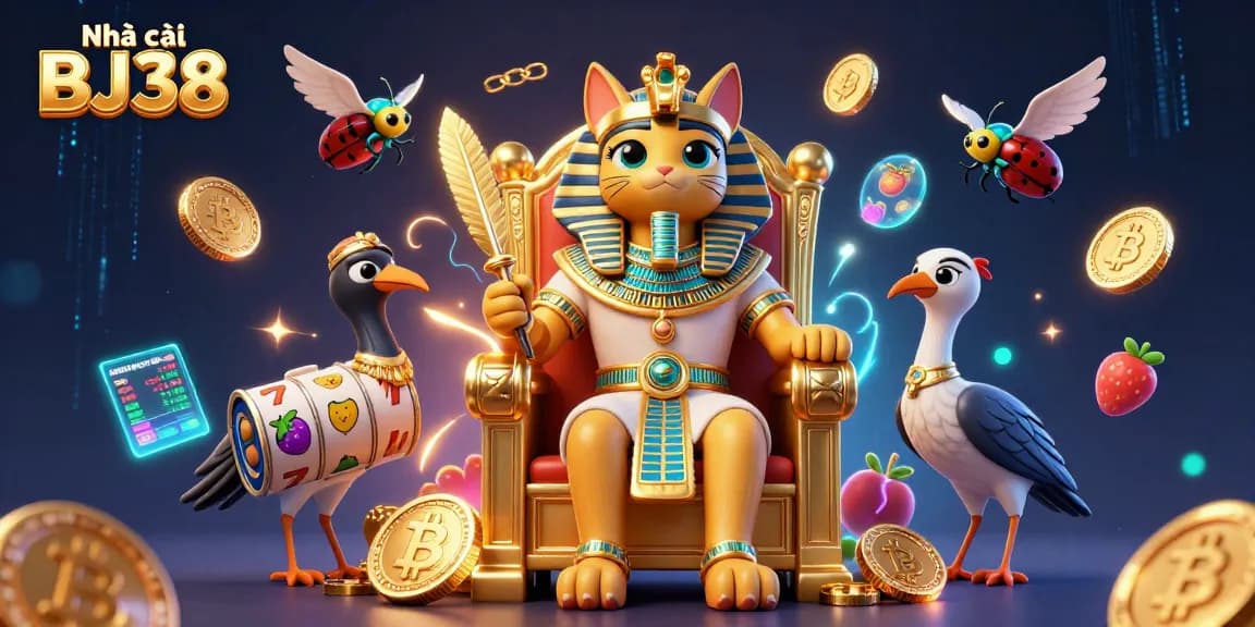 Engage with Nhà cái BJ38 for dynamic slot action featuring a vibrant Egyptian casino scene.