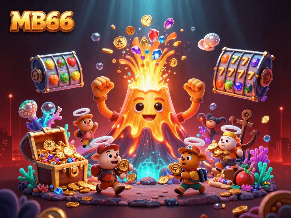 Engage in MB66 with vibrant slot reels amidst a 3D gold eruption and fleeing treasure animals.