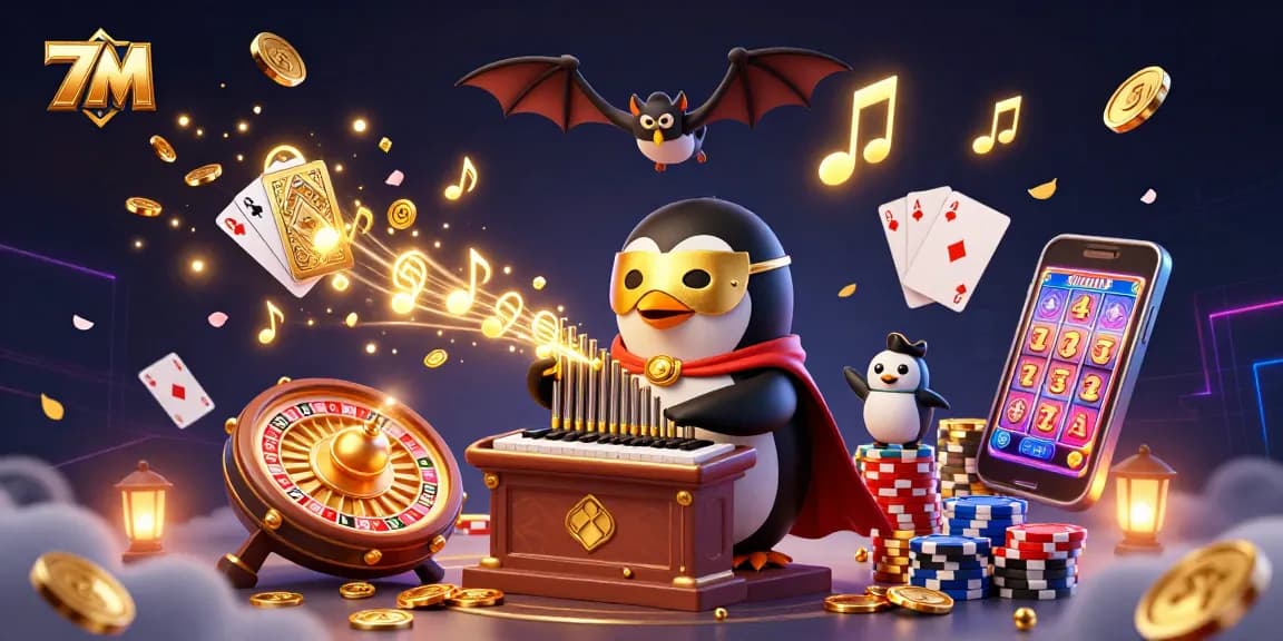 Play thrilling casino games with 7M, featuring a vibrant 3D illustration of action-packed casino elements.