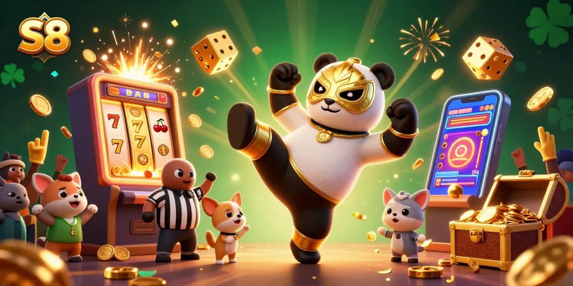 S8 features a cartoon panda wrestler kicking amidst dynamic slot machines and cheering animal fans.