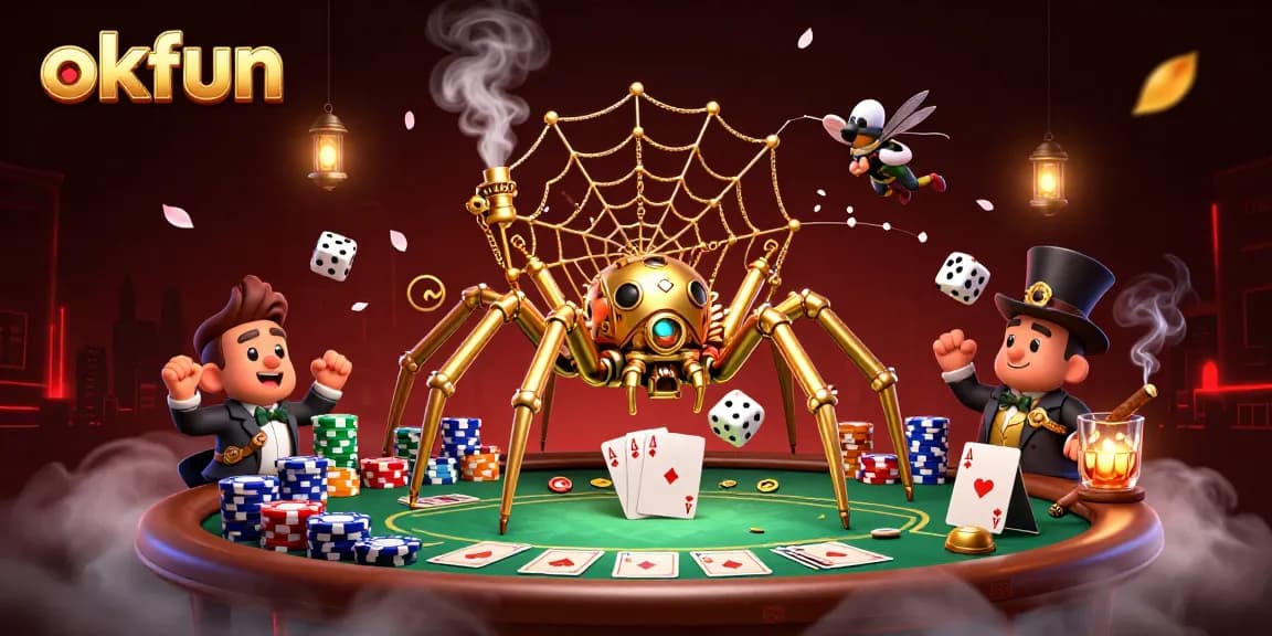 Engage with the thrilling illustration of the okfun casino scene featuring a whimsical spider and poker elements.