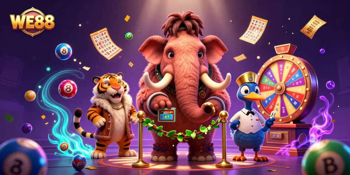 Experience thrilling gaming at WE88 with the colorful characters and vibrant entertainment elements in this lively casino illustration.