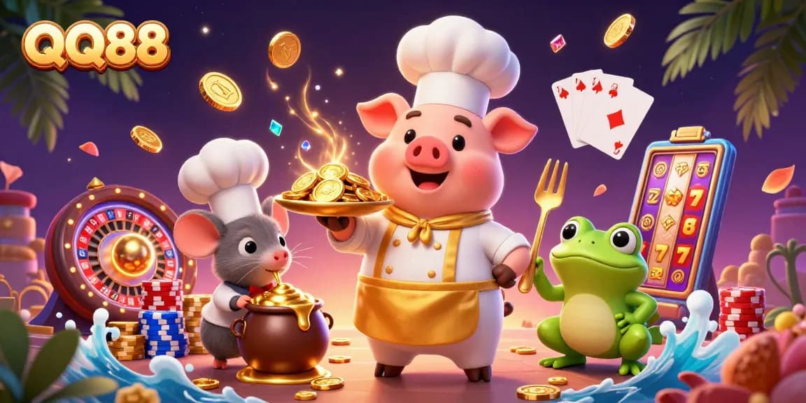 Experience the exhilarating world of QQ88 as a chef pig serves gold coins in a vibrant casino setting.