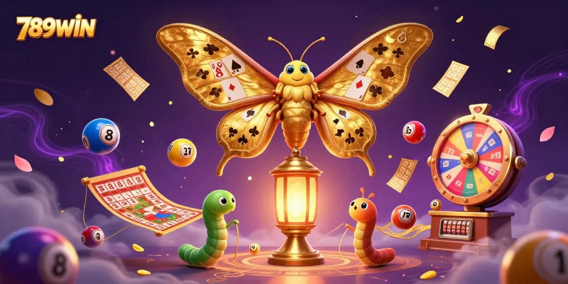 Experience thrilling wins with 789WIN's vibrant 3D casino scene showcasing dynamic lottery balls and a golden moth.