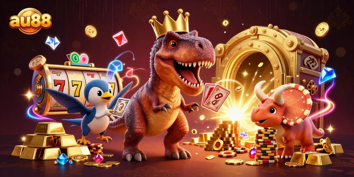 Join the fun at au88 with a T-Rex shuffling cards, while a pterodactyl assists, in a vibrant casino scene.