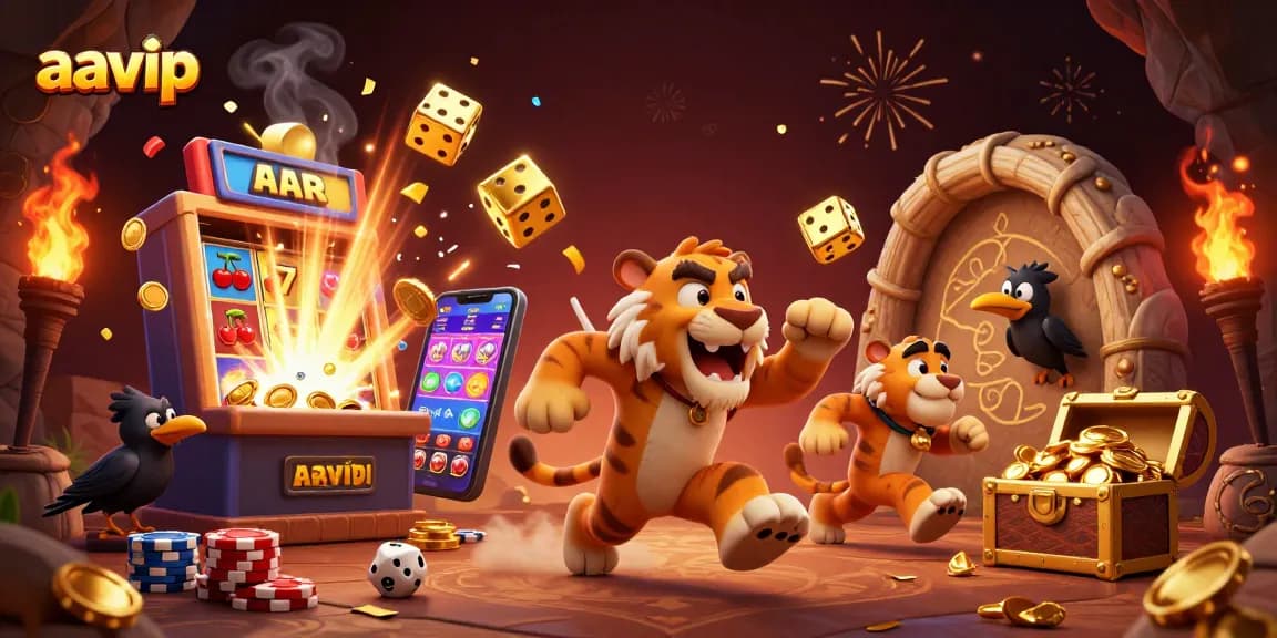 AAVIP casino illustration featuring 3D comedic cavemen and a sabertooth engaging in gambling fun and jackpot excitement.