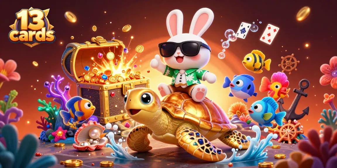 Join the excitement of 13 cards in this vibrant casino scene featuring a lucky rabbit and golden turtle.