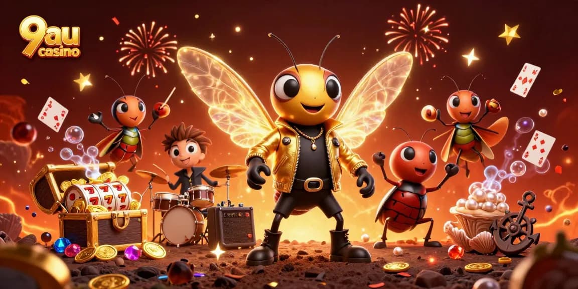 Experience thrilling wins at 9au casino with a vibrant scene of rock stars and slot elements.