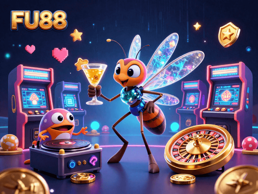 Experience the excitement of FU88 as a lively mascot comes to life holding a golden cocktail surrounded by vibrant arcade elements.