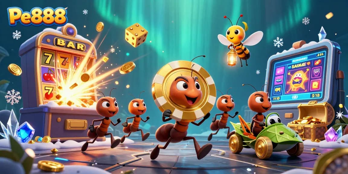 Experience thrilling gameplay with Pe888's cartoon heist as ants escape with a giant poker chip.