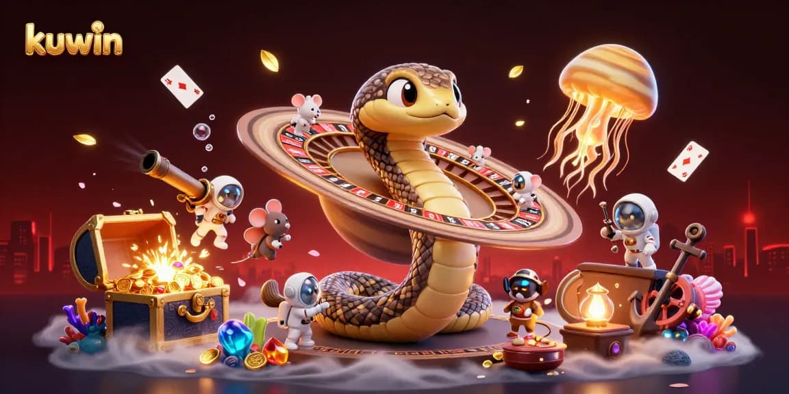 Experience the thrill of kuwin in a vibrant cosmic casino scene with roulette wheels and playful bets.