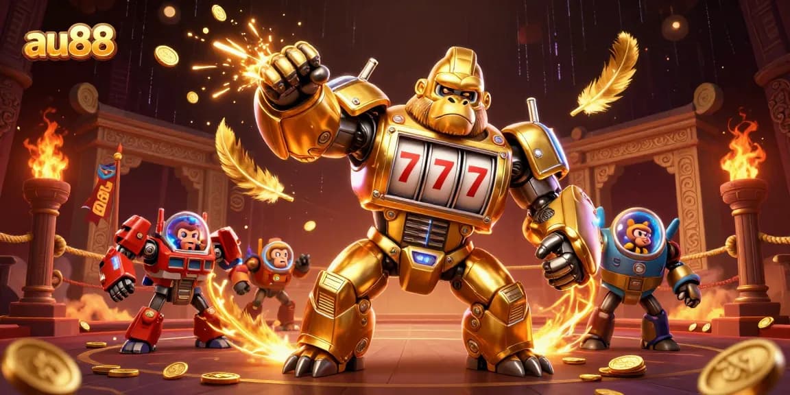 Experience the excitement of au88 at the casino with a dynamic golden gorilla mech design.
